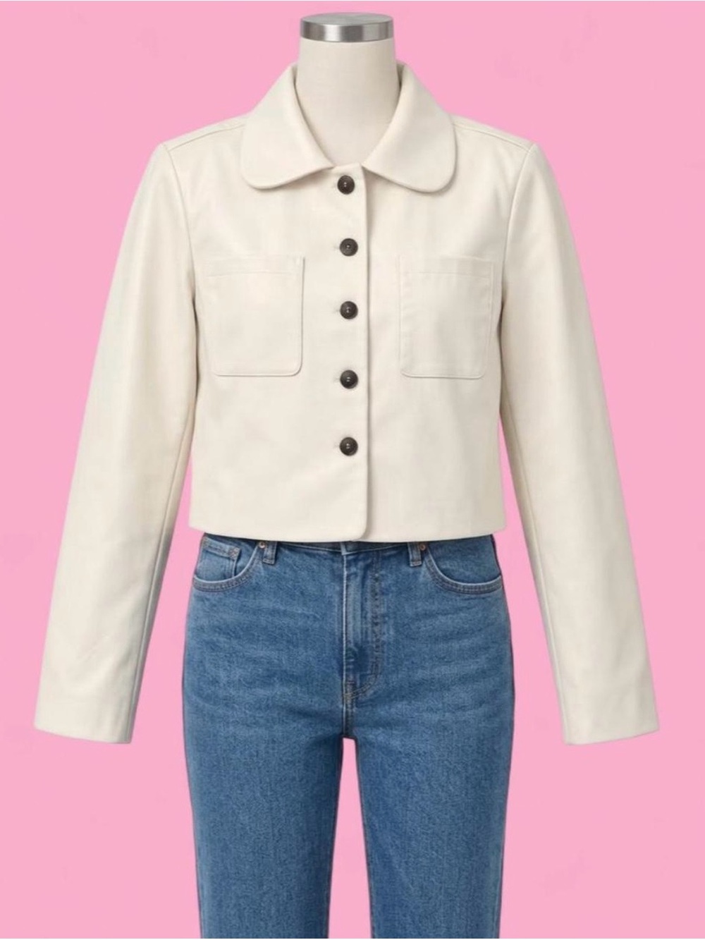 Maeve Anthropologie Ivory Faux Leather Collared Crop Jacket Size L NWT